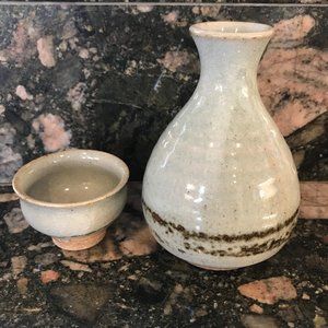 Vintage Celedon Green Sake Set Bottle 1 Cup Japan